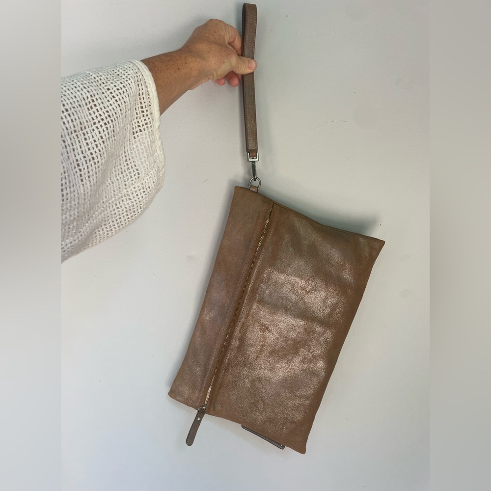 Brunello Cucinelli Metallic Suede Clutch 14” × 9.5” – Wool Lined, Rare